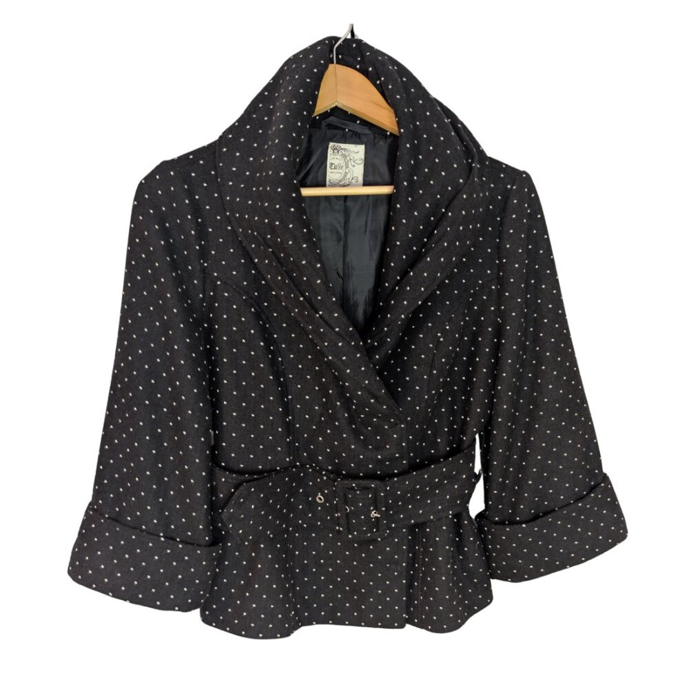 Vintage-Inspired Tulle Black Polka Dot Belted Wool Blend Jacket | S | Like New